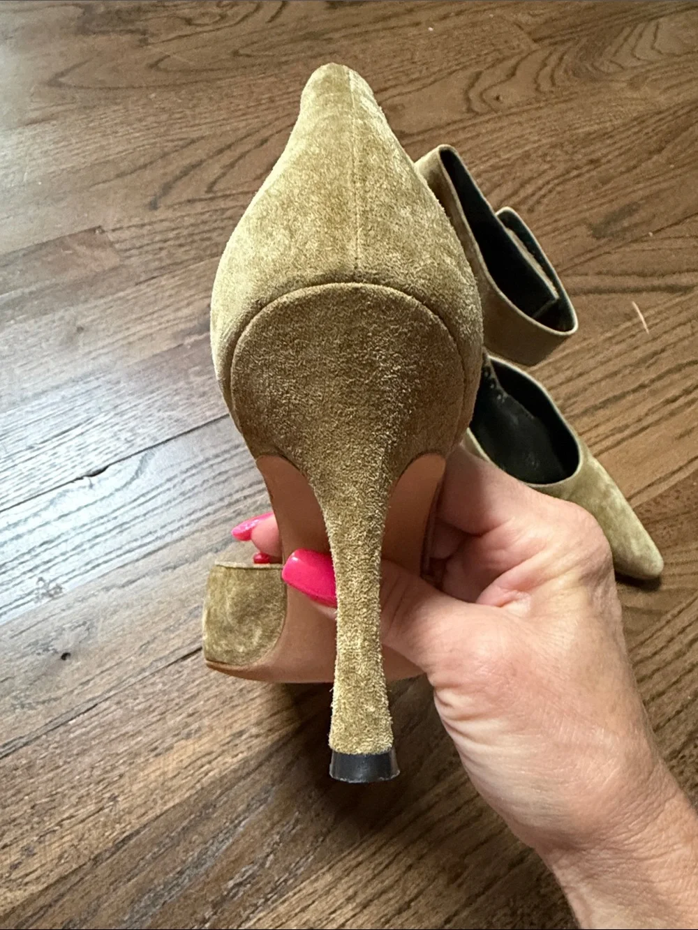Manolo Blahnik Olive Suede Pointed-Toe Ankle-Strap Pumps